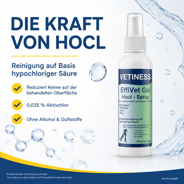 Vetiness EffiVet Gel Hautspray – die Kraft von HOCl: Reinigung auf Basis hypochloriger Säure