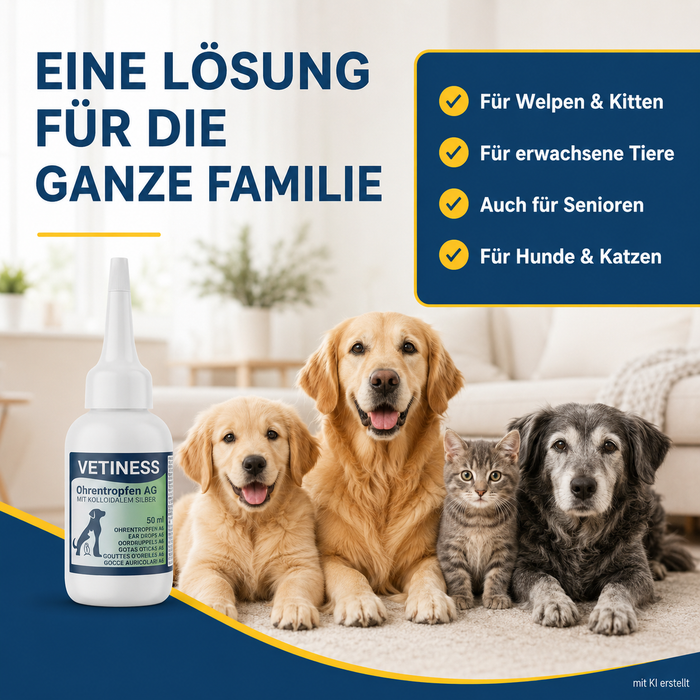Vetiness Ohrentropfen AG – eine Lösung für die ganze Familie: Hunde und Katzen jeden Alters